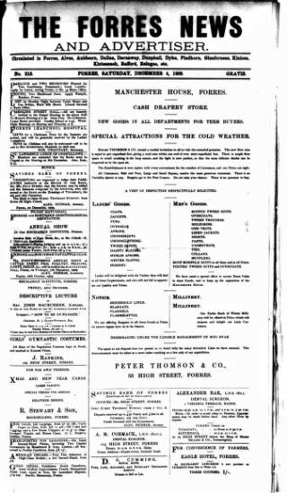 cover page of Forres News and Advertiser published on December 4, 1909