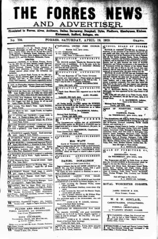 cover page of Forres News and Advertiser published on April 19, 1919