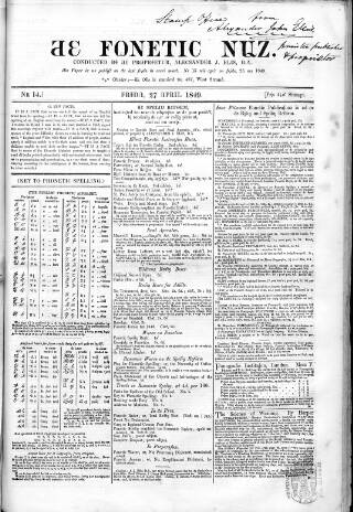 cover page of Fonetic Nuz published on April 27, 1849