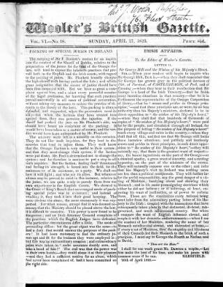cover page of Wooler's British Gazette published on April 27, 1823