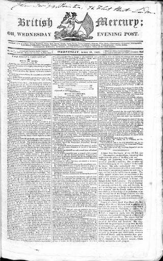 cover page of British Mercury or Wednesday Evening Post published on April 18, 1821