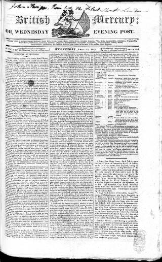cover page of British Mercury or Wednesday Evening Post published on April 25, 1821