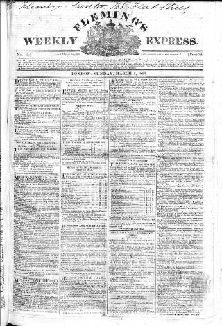 cover page of Fleming's Weekly Express published on March 5, 1826