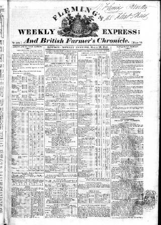 cover page of Fleming's British Farmers' Chronicle published on March 28, 1825