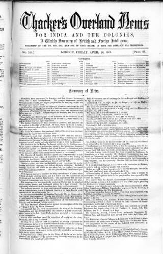cover page of Thacker's Overland News for India and the Colonies published on April 26, 1861