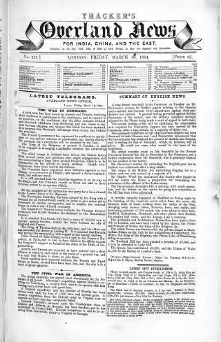 cover page of Thacker's Overland News for India and the Colonies published on March 18, 1864
