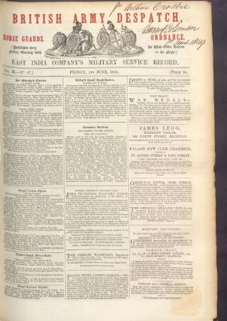 cover page of British Army Despatch published on June 1, 1849