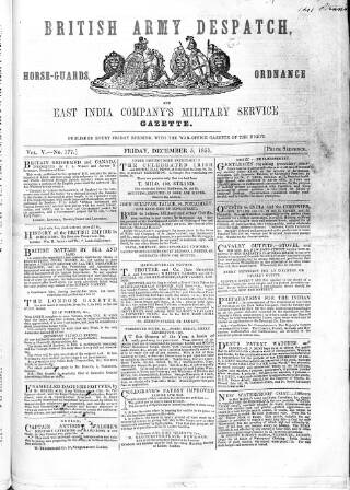 cover page of British Army Despatch published on December 5, 1851
