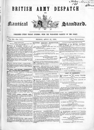 cover page of British Army Despatch published on April 27, 1855