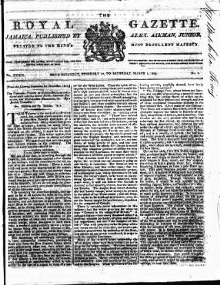 cover page of Royal Gazette of Jamaica published on March 1, 1817