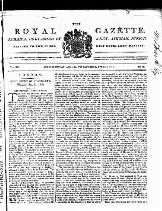 cover page of Royal Gazette of Jamaica published on April 24, 1819