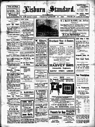 cover page of Lisburn Standard published on August 13, 1920