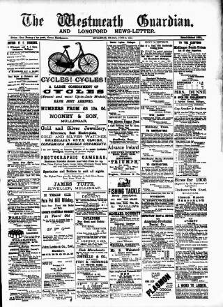 cover page of Westmeath Guardian and Longford News-Letter published on June 2, 1905