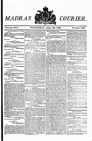 cover page of Madras Courier published on April 26, 1809