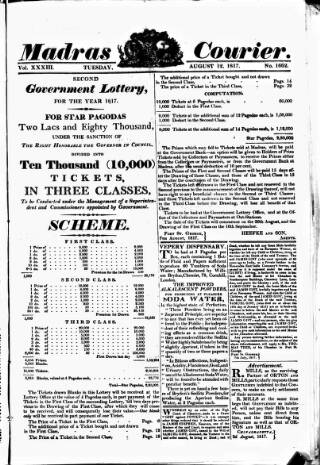 cover page of Madras Courier published on August 12, 1817