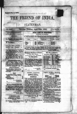 cover page of Friend of India and Statesman published on April 25, 1882