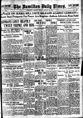 cover page of Hamilton Daily Times published on August 13, 1915