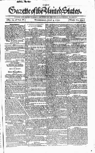 cover page of Gazette of the United States published on July 4, 1792