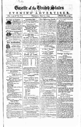 cover page of Gazette of the United States published on May 6, 1794