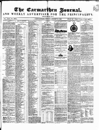 cover page of Carmarthen Journal published on August 13, 1852