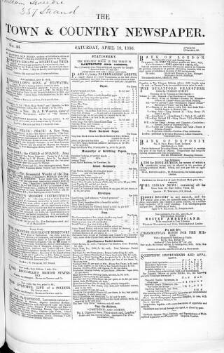 cover page of Charles Knight's Town & Country Newspaper published on April 19, 1856