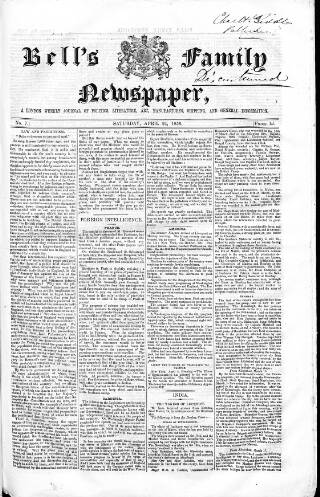 cover page of Bell's Family Newspaper published on April 24, 1858