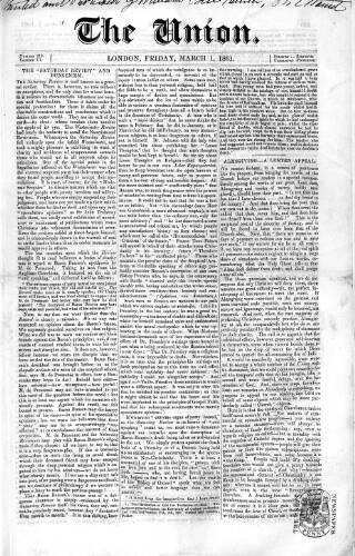 cover page of Union published on March 1, 1861