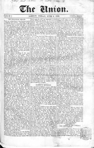 cover page of Union published on June 6, 1862