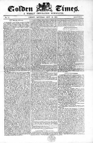 cover page of Golden Times published on September 25, 1852