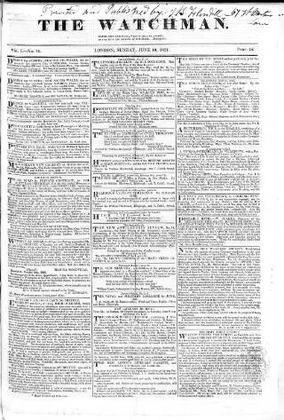 cover page of Watchman published on June 10, 1827