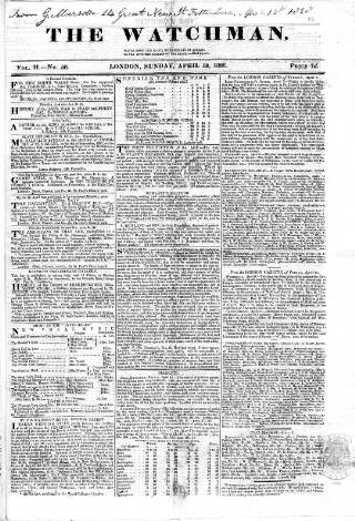 cover page of Watchman published on April 13, 1828