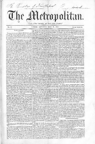 cover page of Metropolitan published on June 28, 1856