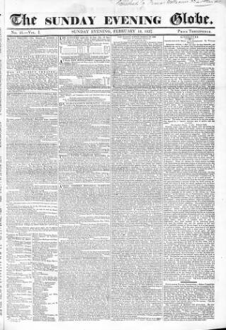 cover page of Sunday Evening Globe published on February 12, 1837