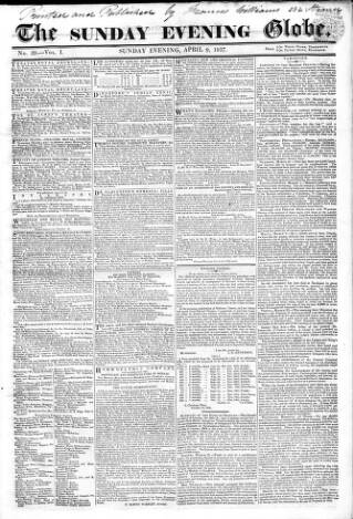 cover page of Sunday Evening Globe published on April 9, 1837