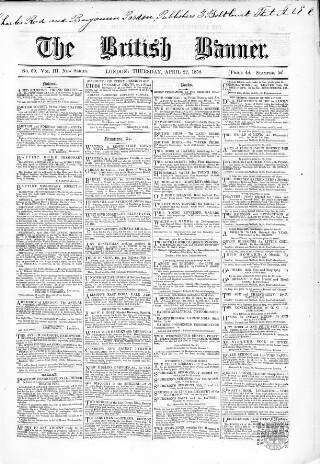 cover page of British Banner 1856 published on April 22, 1858