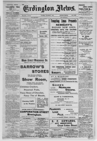 cover page of Erdington News published on December 5, 1908