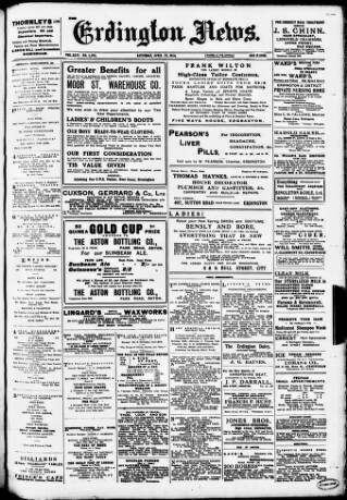 cover page of Erdington News published on April 25, 1914
