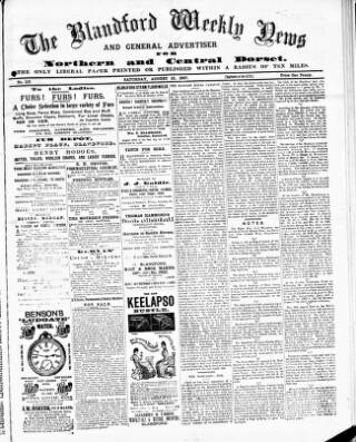 cover page of Blandford Weekly News published on August 13, 1887