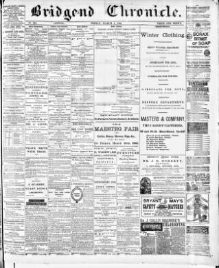 cover page of Bridgend Chronicle, Cowbridge, Llantrisant, and Maesteg Advertiser published on March 5, 1886
