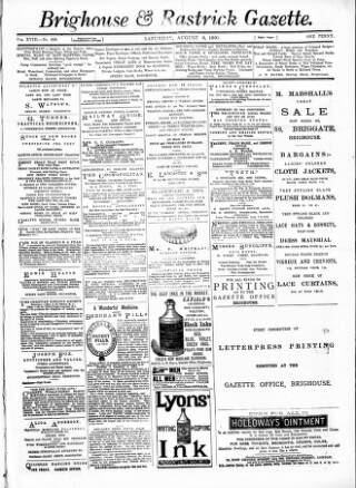 cover page of Brighouse & Rastrick Gazette published on August 8, 1891