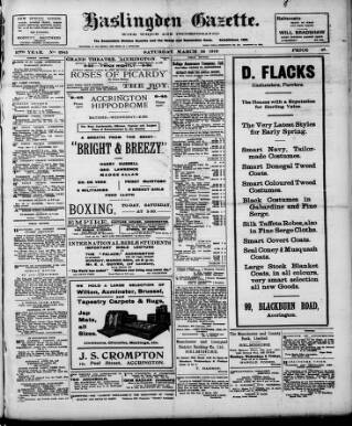 cover page of Haslingden Gazette published on March 29, 1919