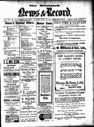 cover page of Bromyard News published on April 26, 1923
