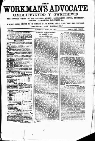 cover page of Workman's Advocate (Merthyr Tydfil) published on April 25, 1874
