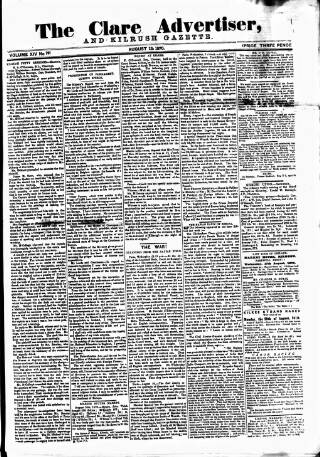 cover page of Clare Advertiser and Kilrush Gazette published on August 13, 1870