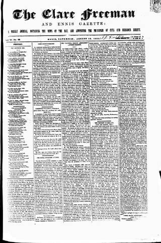 cover page of Clare Freeman and Ennis Gazette published on August 13, 1864