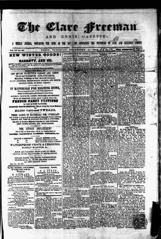 cover page of Clare Freeman and Ennis Gazette published on December 5, 1868