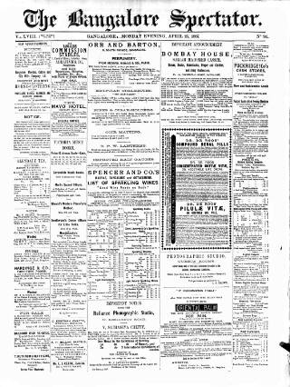 cover page of Bangalore Spectator published on April 25, 1887