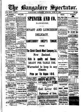 cover page of Bangalore Spectator published on June 2, 1894