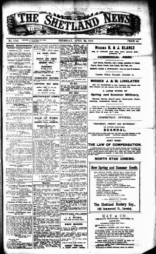 cover page of Shetland News published on April 24, 1919
