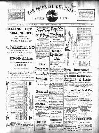 cover page of Colonial Guardian (Belize) published on December 5, 1891